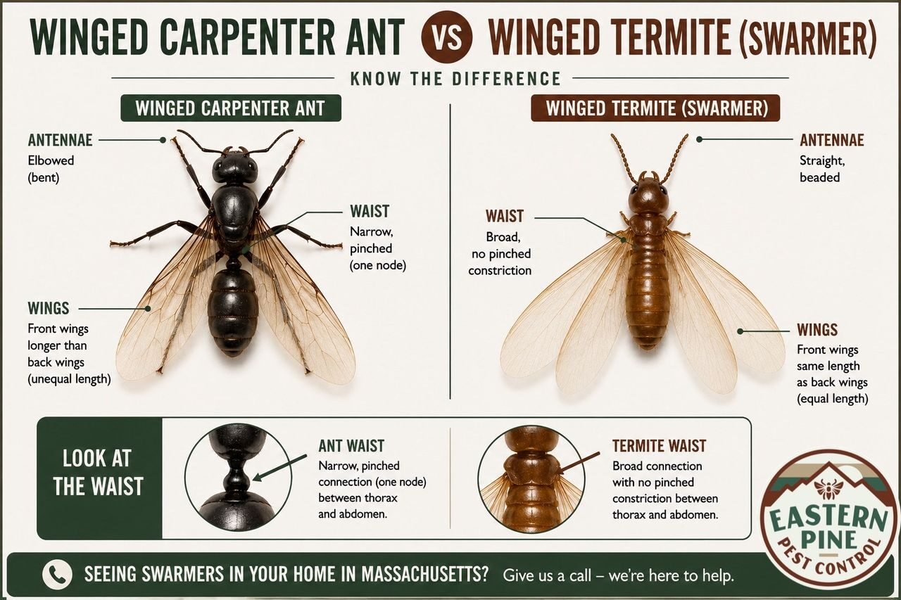 Carpenter ant colony life cycle infographic: workers, swarmers, queen, nesting, and seasonal swarming timeline infographic