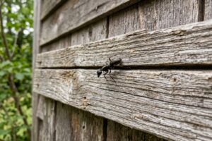 carpenter ant on weathered wood siding of an Essex County, Massachusetts home
