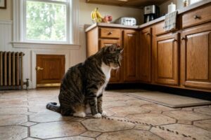 cat watching ants on kitchen floor in Massachusetts home