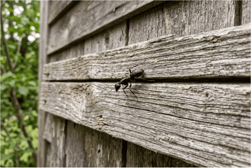 Close-up of a carpenter ant on weathered wood, a common sight before carpenter ant control becomes necessary.